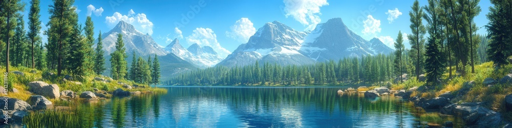Tranquil Banff Lakes, clear waters mirroring majestic mountains, surrounded by lush pine trees, serene natural beauty in Canada Tranquil Banff Lakes, clear waters mirroring majestic mountains, surrounded by lush pine trees, serene natural beauty in Canada