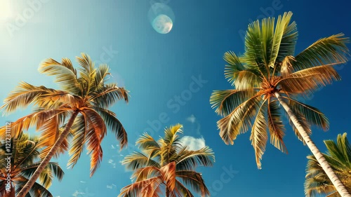 Blue sky and palm trees view from below tropical beach and summer background.