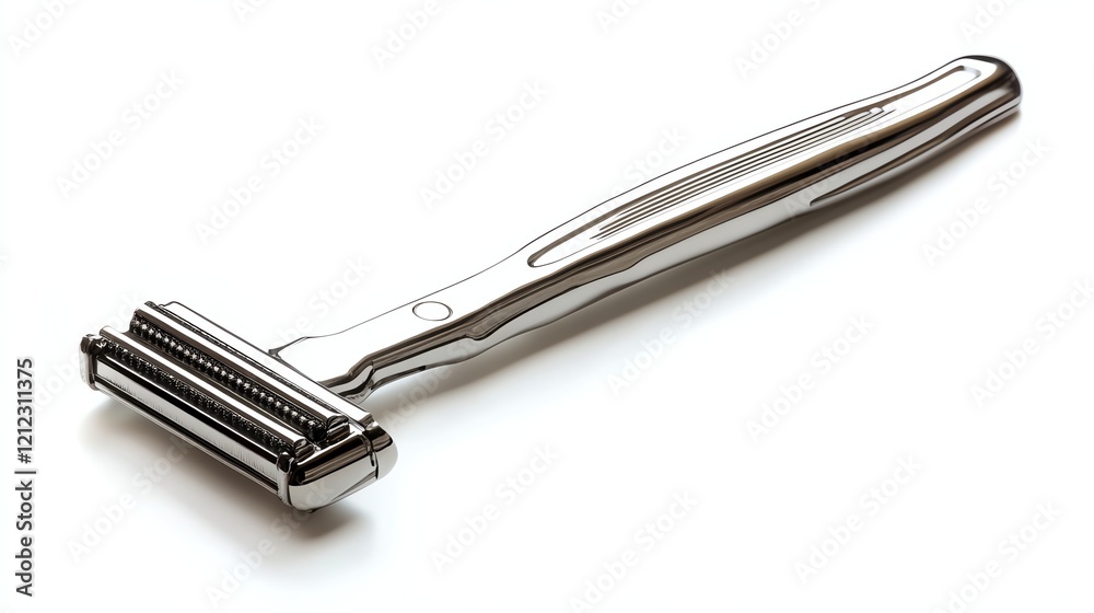 Metal razor on white background, perfect for grooming and shaving needs.