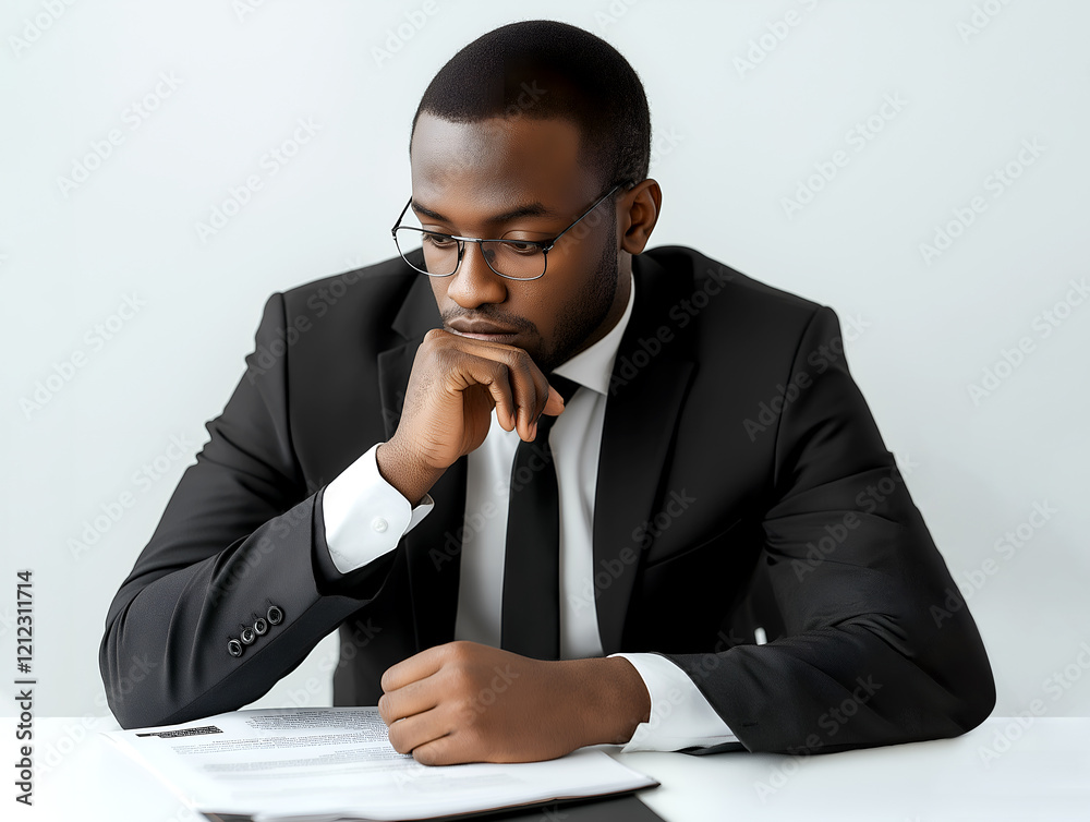 Focused businessman reviewing documents at his desk, thoughtful expression conveying seriousness and concentration Focused businessman reviewing documents at his desk, thoughtful expression conveying seriousness and concentration