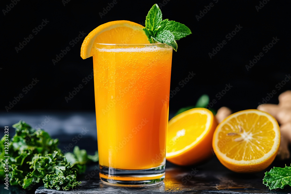 Fototapeta premium Refreshing citrus drink with mint garnished and vibrant orange slices on the side in a stylish setting