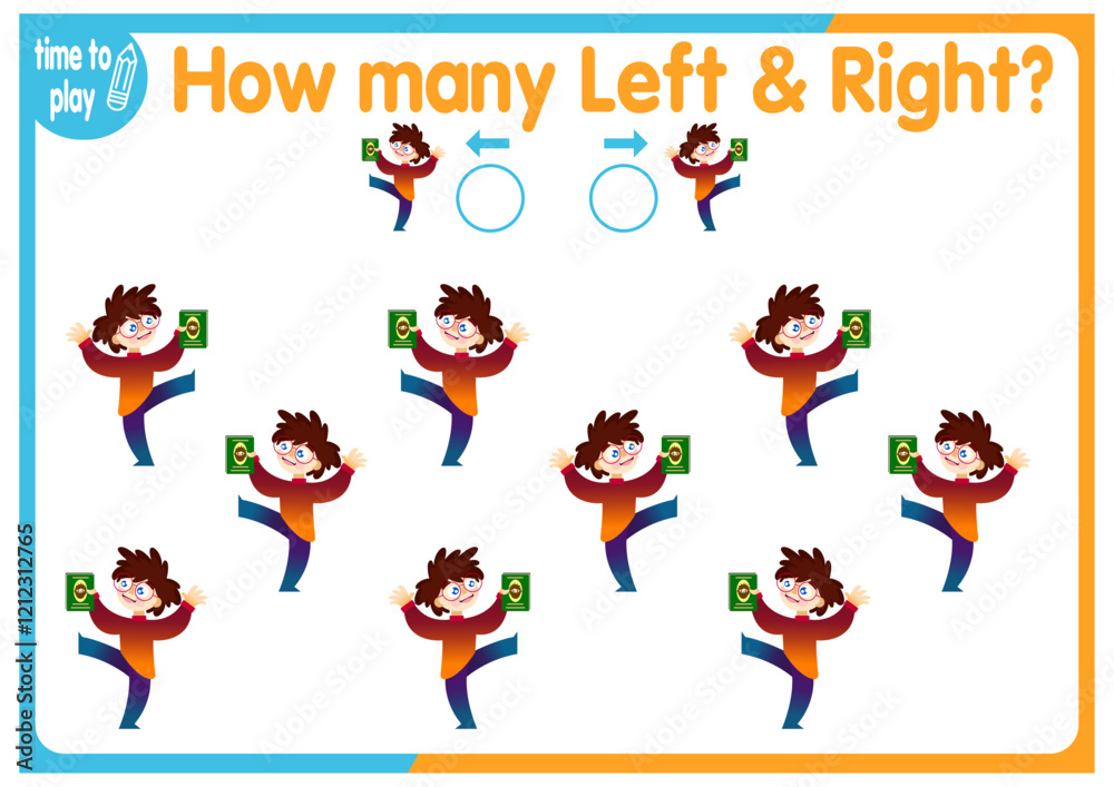 Fototapeta premium children's educational game, tasks. count how many elements will be placed on the right and how many on the left. children, school