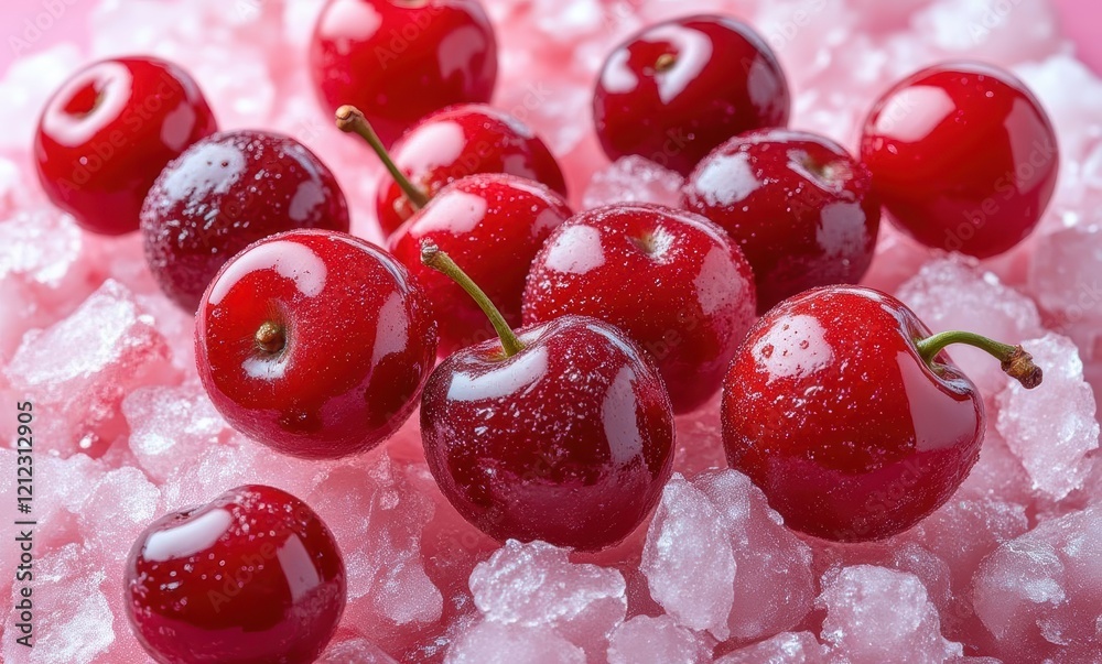 Fresh cherries on ice with a pink backdrop Fresh cherries on ice with a pink backdrop