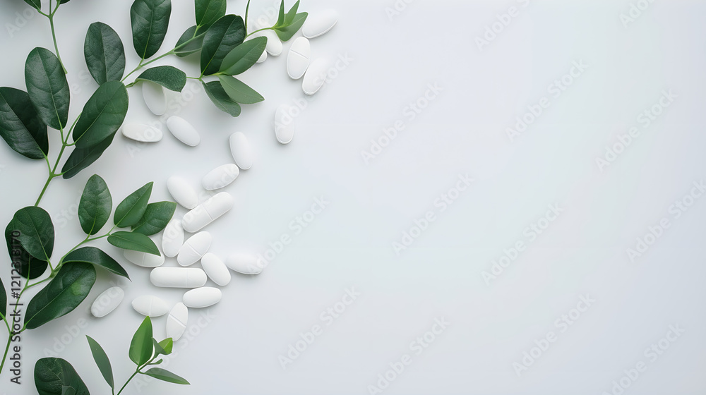 Banner. Top view, white pills of different shapes next to green medicinal plant on white isolated background with copy space. Health care concepts. Banner. Top view, white pills of different shapes next to green medicinal plant on white isolated background with copy space. Health care concepts.