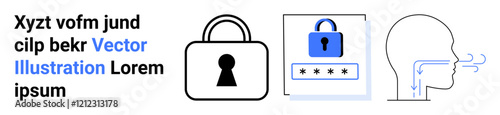 Large padlock, password box with lock, and person exhaling. Ideal for cybersecurity, data protection, online security, access control, authentication processes, safe browsing and personal privacy