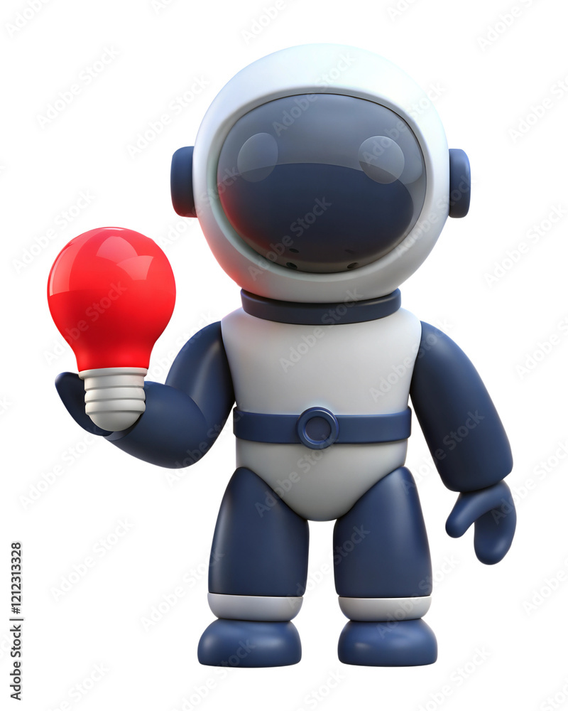 A cute white, sleek, cartoon, futuristic robot with glowing eyes, holding a light bulb, Isolated on white background. Robot assistant. Artificial intelligence concept A cute white, sleek, cartoon, futuristic robot with glowing eyes, holding a light bulb, Isolated on white background. Robot assistant. Artificial intelligence concept