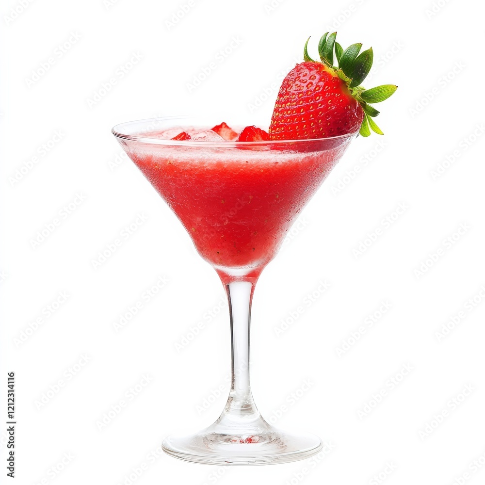 A vibrant strawberry daiquiri with a strawberry garnish, displayed against an isolated white background, cubism art style A vibrant strawberry daiquiri with a strawberry garnish, displayed against an isolated white background, cubism art style