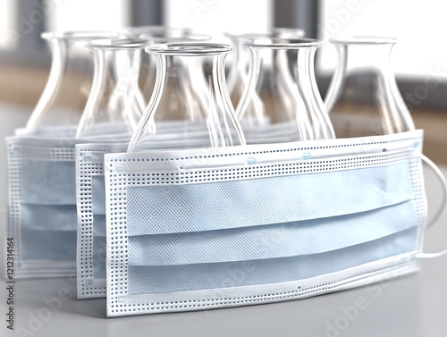 A row of sterile disposable face masks organized on a clinical table, showcasing the pristine packaging and ready-to-use appearance, with a clean environment surrounding them photo