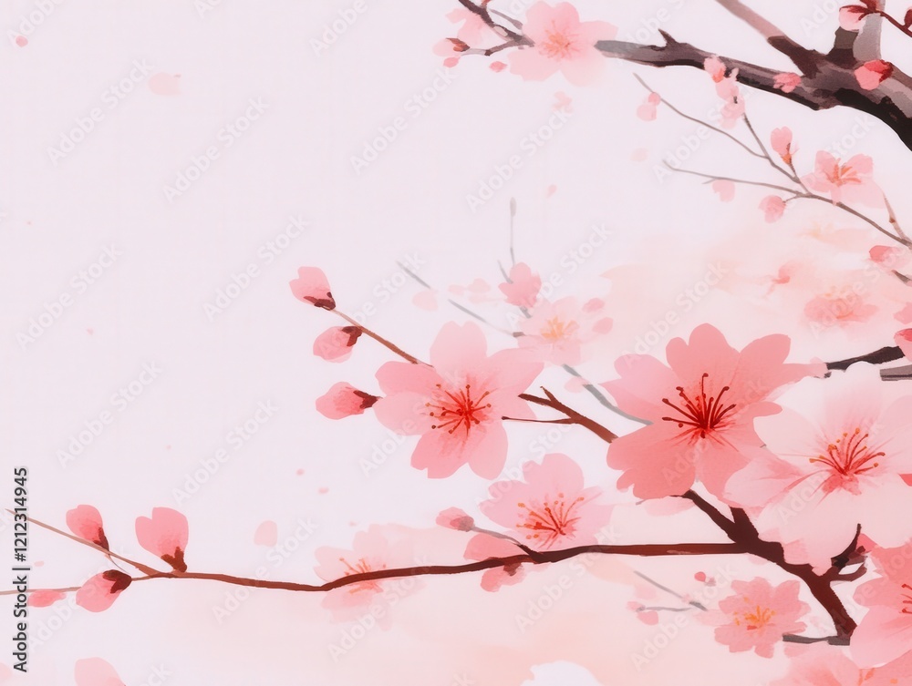 A serene illustration of cherry blossom branches against a soft pink background. A serene illustration of cherry blossom branches against a soft pink background.