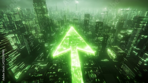 An upward arrow glowing in neon green  crossing over a futuristic digital landscape