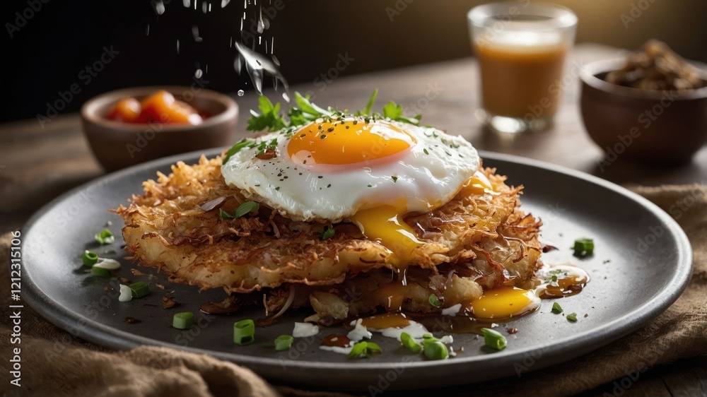 A delicious plate featuring a crispy hash brown topped with a sunny-side-up egg. A delicious plate featuring a crispy hash brown topped with a sunny-side-up egg.