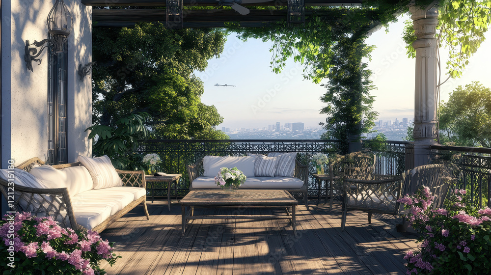 Obraz premium serene outdoor patio with comfortable seating, lush greenery, and city views. Perfect for relaxation and gatherings