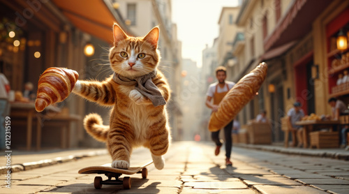 a red cat on a skateboard with a croissant in his paw at the Eastern Market.