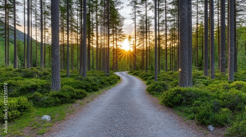 Explore a serene dirt path flanked by tall pine trees  illuminated by the gentle glow of late afternoon sunlight  inviting tranquility