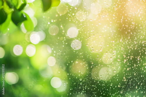 Abstract background in green shades with a bokeh effect and small shiny droplets.