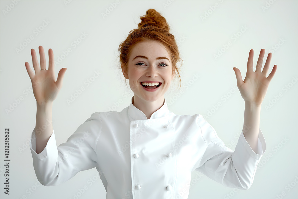 Happy female chef in a white uniform raises her hands in a celebratory gesture capturing a moment of joy and accomplishment in the culinary world Happy female chef in a white uniform raises her hands in a celebratory gesture capturing a moment of joy and accomplishment in the culinary world