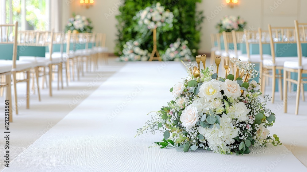 Fototapeta premium Elegant white floral arrangement sits on a white carpet runner along a wedding ceremony aisle lined with chairs.