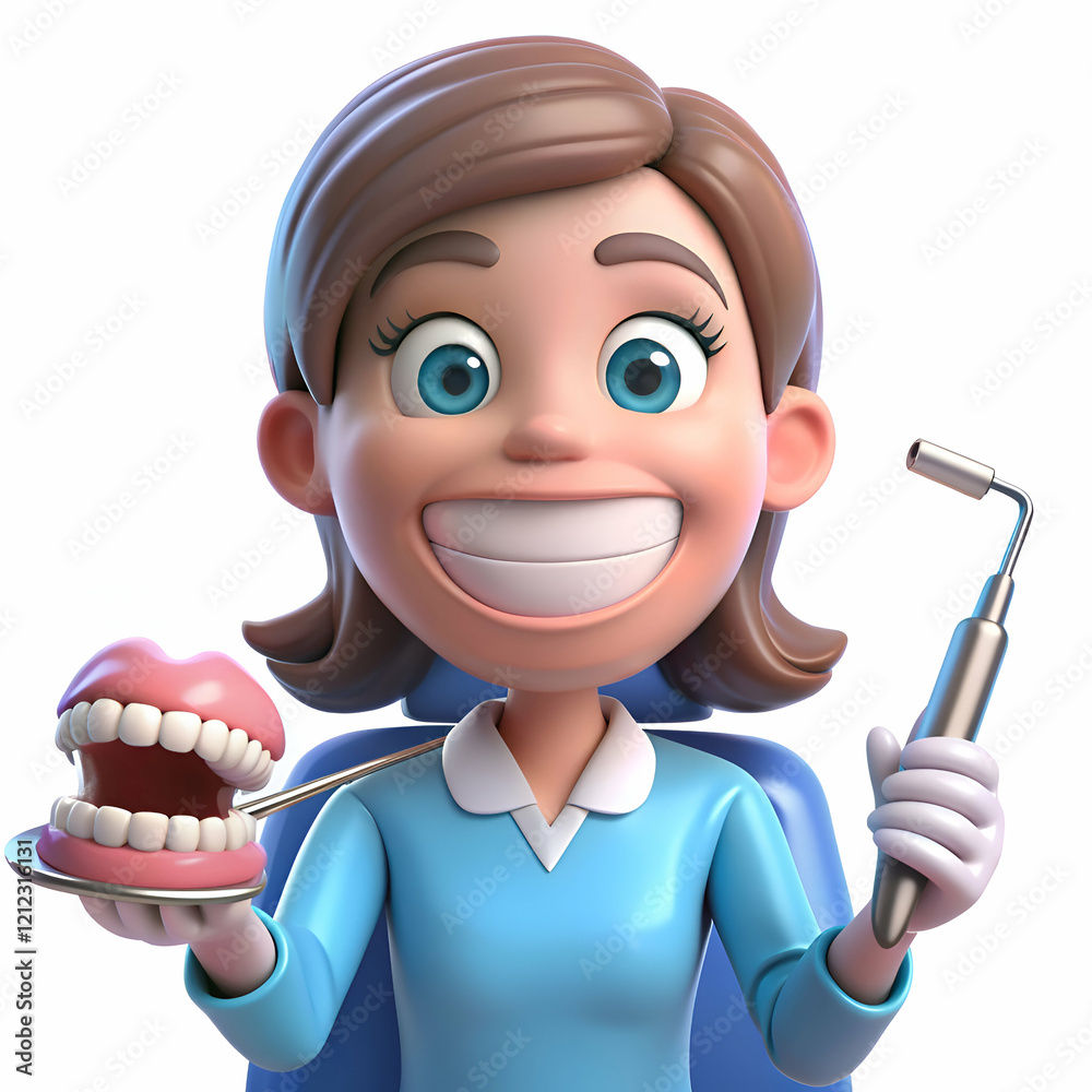 Smiling Cartoon Dentist Holding Dental Tools and Model Smiling Cartoon Dentist Holding Dental Tools and Model
