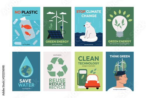 Nature and Renewable Energy. Green Energy and Natural Resource Conservation. Set of vector posters, cards. Earth day. Eco posters with recycling of plastic and garbage, sustainable lifestyle