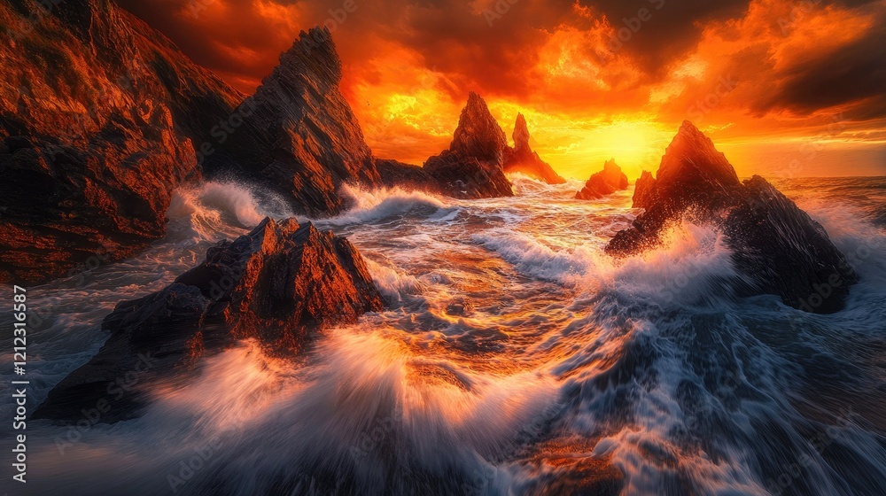 Fototapeta premium Waves smashing into jagged coastal rocks under a dramatic orange sunset, raw ocean energy