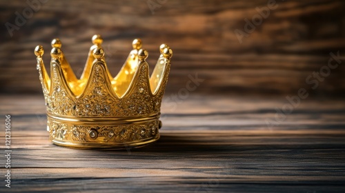 Gold crown on rustic wooden surface. photo