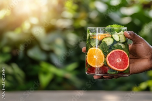 Hand gracefully holding glass of detox water, brimming with citrus slices, cucumber, and mint leaves, set against verdant green foliage background