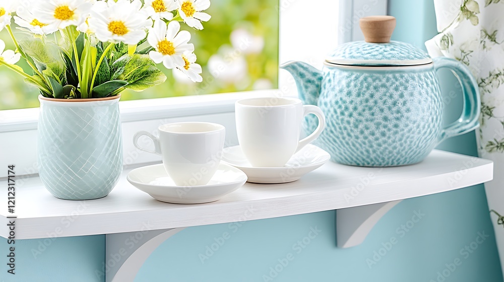 Fototapeta premium Serene Tea Time White Cups Teal Teapot Daisies