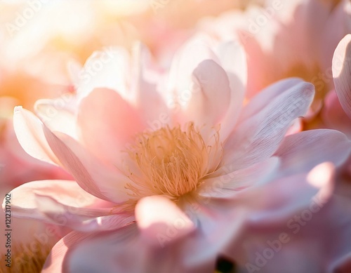 soft focus petals in pastel colors glowing under natural light flora gentleness macro perspective