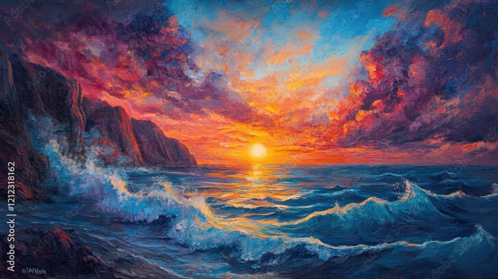 Fototapeta premium Vibrant sunset over dramatic cliffs and ocean waves, creating a dynamic and peaceful seascape
