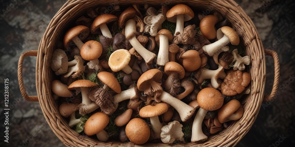 Overhead view of a wicker basket full of various types of wild mushrooms, fresh air, forest treasures, from above, outdoor activity Overhead view of a wicker basket full of various types of wild mushrooms, fresh air, forest treasures, from above, outdoor activity