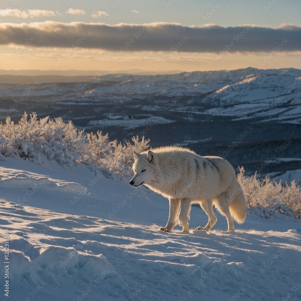 Naklejka premium A Vivid National Geographic Style Representation of a White Fox in a Pristine Snowy Landscape Flanked by Frosted Trees.An Arctic fox in a snowy tundra with mountains in the background. 