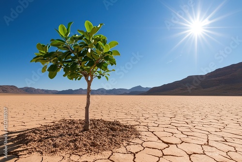 A solitary tree stands resilient on cracked earth under a bright sun, symbolizing perseverance in a dry landscape. photo