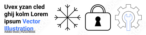 Snowflake, lock, and cogwheel icons paired with placeholder text. Ideal for winter, security, machinery, technology, engineering organization and infographics. Landing page