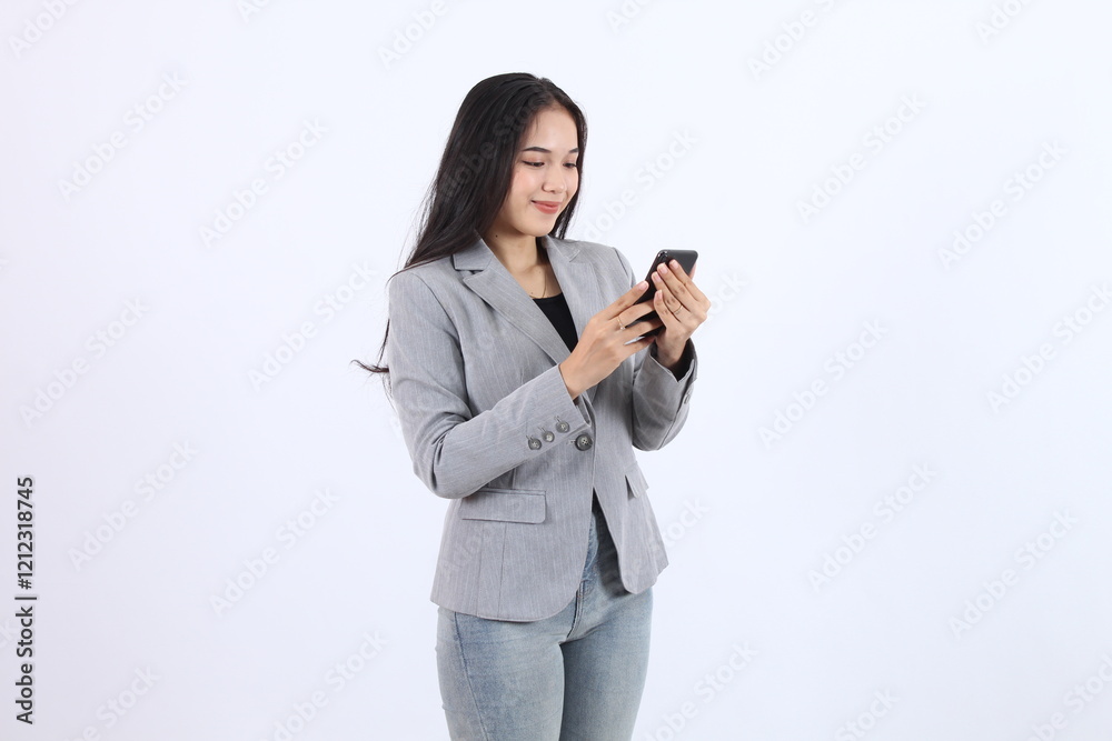 beautiful woman in a gray blazer and jeans is looking at her smart phone.. Business asian woman beautiful woman in a gray blazer and jeans is looking at her smart phone.. Business asian woman
