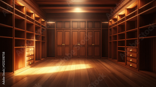spacious wooden interior with shelves and drawers  illuminated warmly