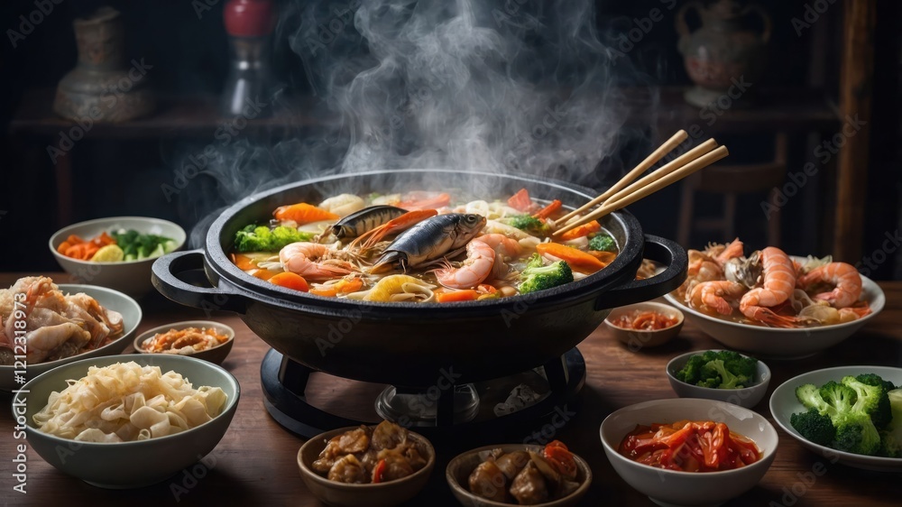 A steaming hot pot filled with seafood and vegetables, surrounded by various side dishes. A steaming hot pot filled with seafood and vegetables, surrounded by various side dishes.