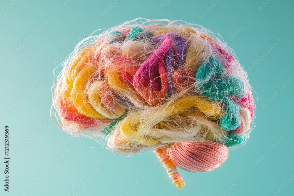 Colorful threads weaving intricate brain pattern, representing mental creativity, neurological connections on vivid turquoise background
