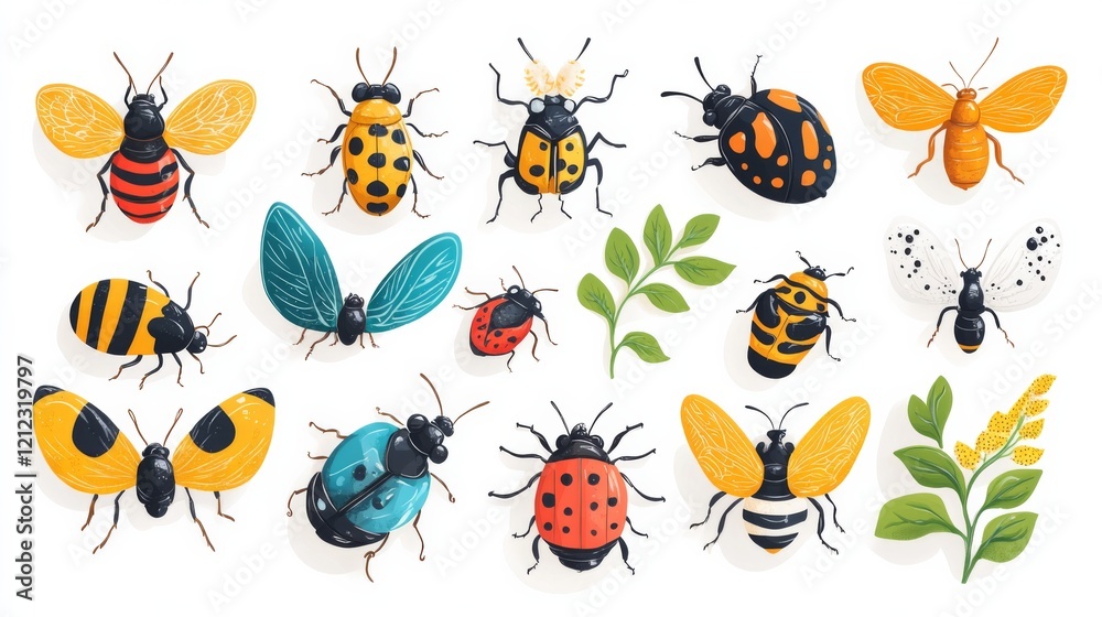 Cheerful cartoon insect collection insect beetle bug ladybug illustration graphic design art nature wildlife animal colorful whimsical bright