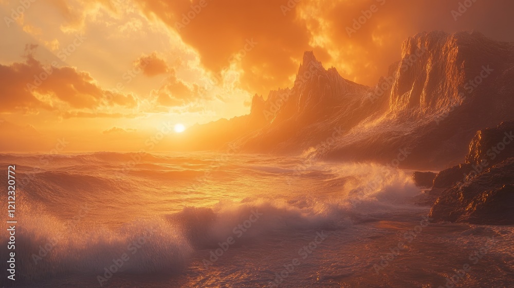 Waves pounding against dramatic coastal cliffs under a stunning orange sunset, powerful and serene Waves pounding against dramatic coastal cliffs under a stunning orange sunset, powerful and serene