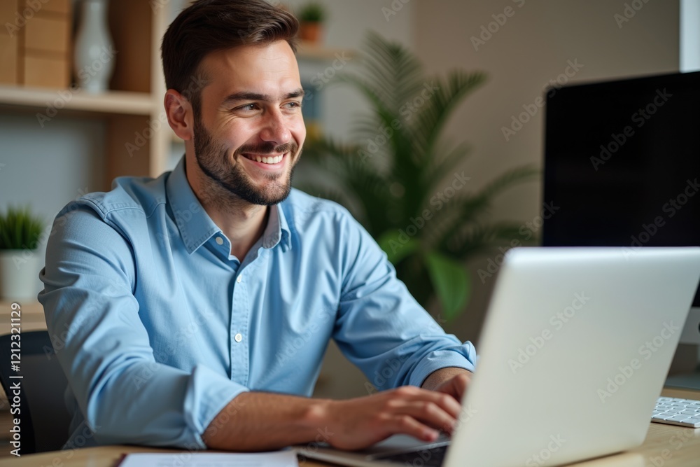 Young Professional Man Working on Laptop at Home Office, Smiling in Modern Interior Space with Green Plant Backdrop Young Professional Man Working on Laptop at Home Office, Smiling in Modern Interior Space with Green Plant Backdrop