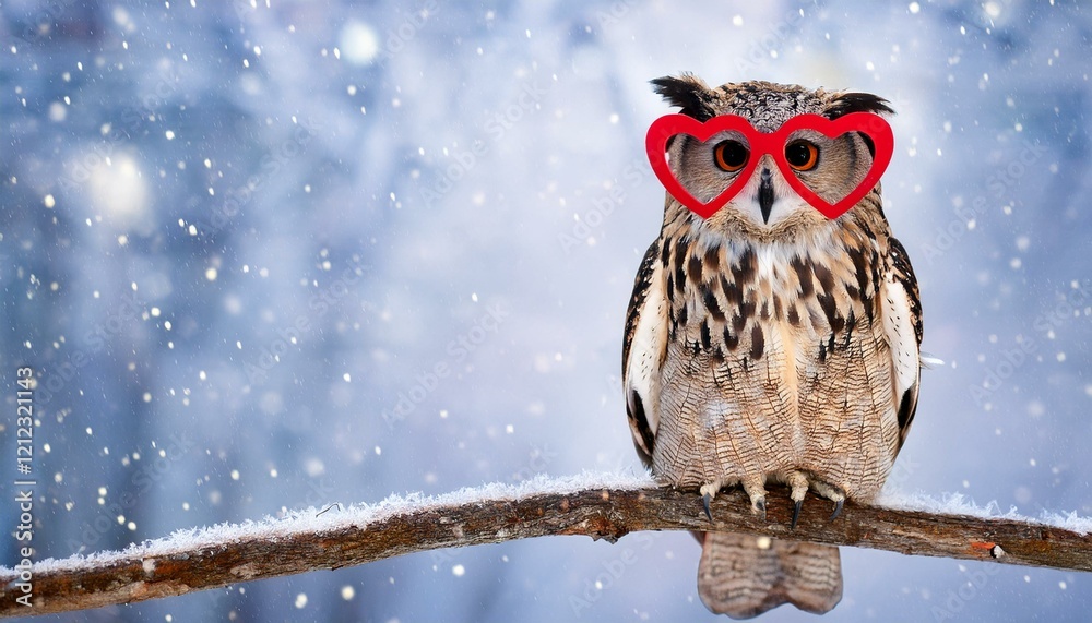 cute owl wearing heart shaped glasses perched onbranch surrounded by falling snow copyspace cute owl wearing heart shaped glasses perched onbranch surrounded by falling snow copyspace