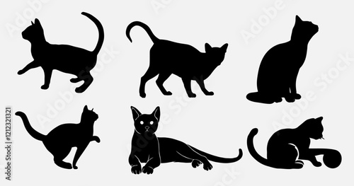 Photography isolated black silhouette of a cat, vector collection
