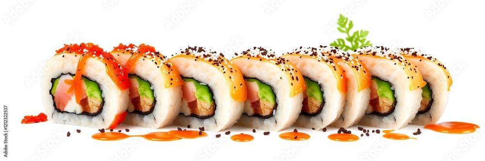 Close up image of a hyper realistic sushi roll food art with high contrast, isolated on a white background, appetizing, high contrast, sushi