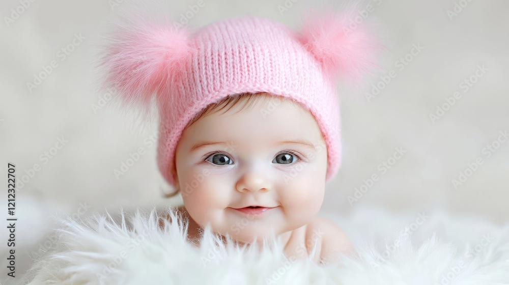 Happy baby girl in pink hat on fluffy blanket Happy baby girl in pink hat on fluffy blanket