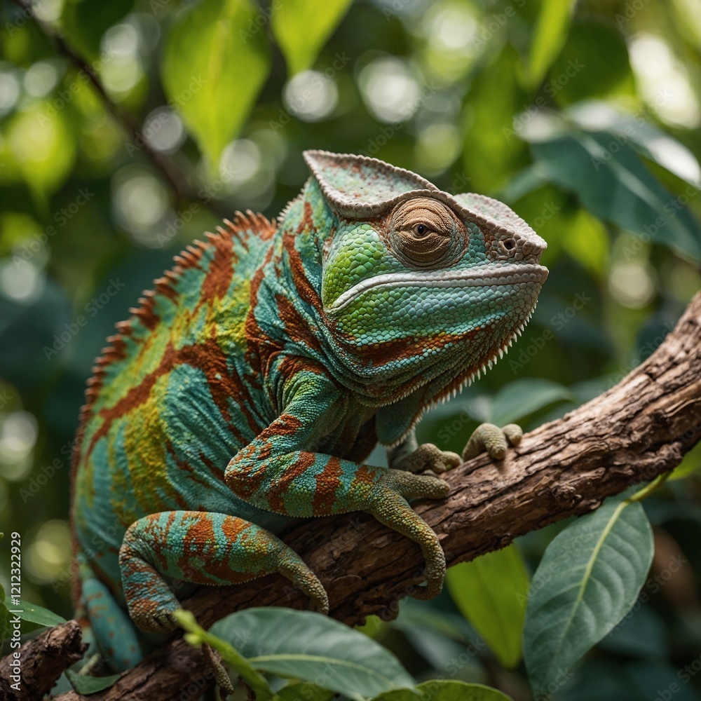 Obraz premium A chameleon blending into its surroundings.Naturwunder im Regenwald: Das Chamäleon in Action.portrait of a colorful chameleon 