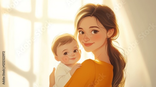 Happy mother and baby joyful cartoon woman child girl infant mother motherhood childhood family love care happiness parenting portrait
