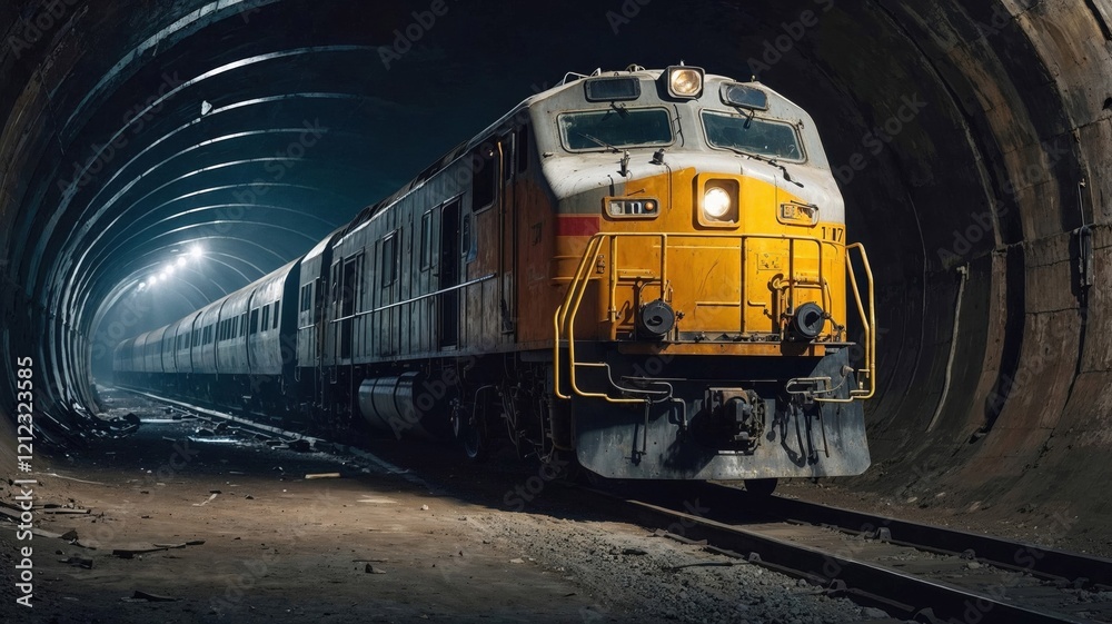 Obraz premium yellow locomotive illuminated in a dark, dramatic underground tunnel, showcasing industrial strength, transportation, and mystery in a gritty environment