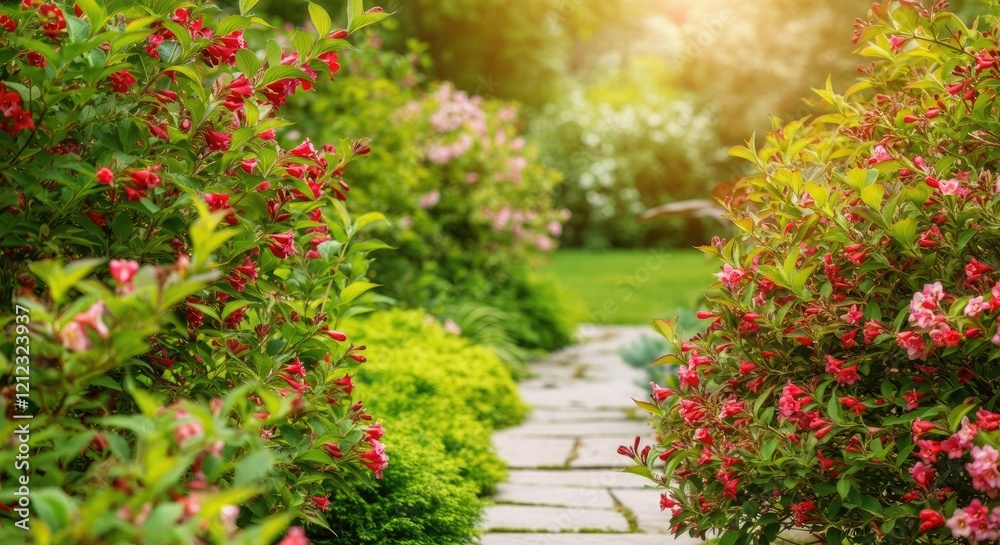 Beautiful garden path with vibrant flowers and lush greenery in sunlight Beautiful garden path with vibrant flowers and lush greenery in sunlight