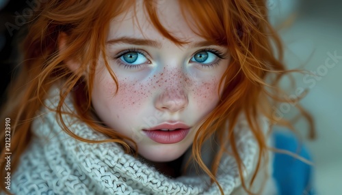 Redhead Girl Portrait: Freckles, Blue Eyes, and Knitted Scarf