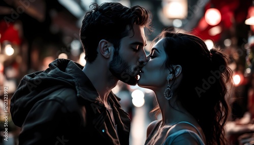 Passionate Couple's Night Kiss: Urban Romantic Embrace